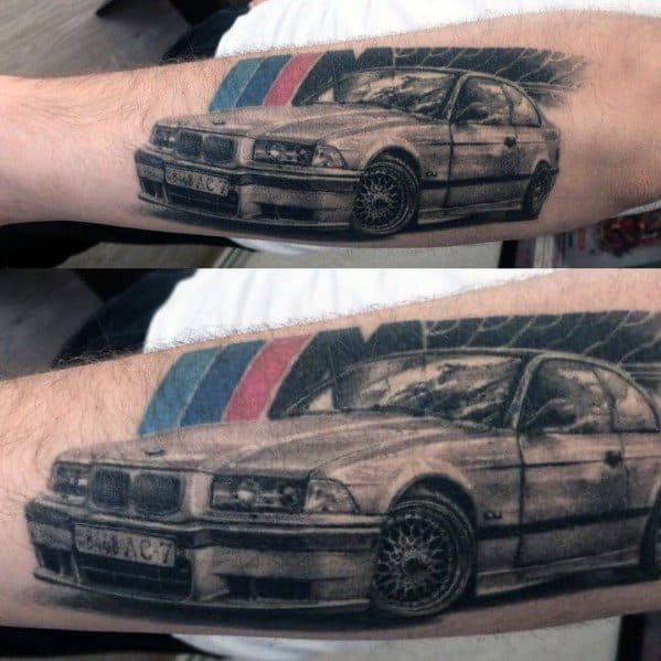 Realistic BMW E36 tattoo on forearm, featuring detailed shading and the iconic M stripes for a bold and dynamic automotive look.