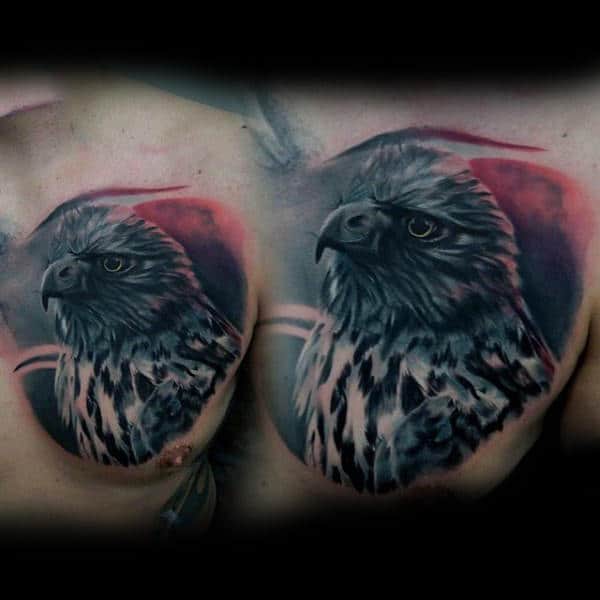 Manly Bold Hawk On Red Sky Tattoo For Gentlemen