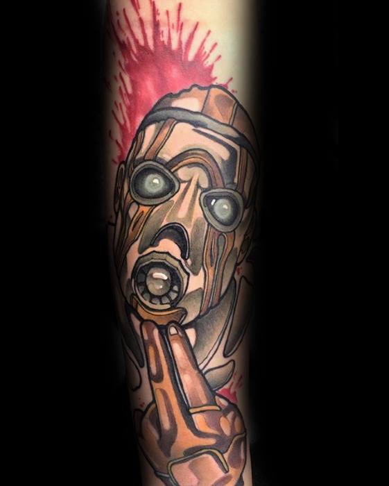 Stylized tattoo of a Psycho Bandit from Borderlands making a finger gun gesture, with dripping effects and a dramatic red blood splatter.