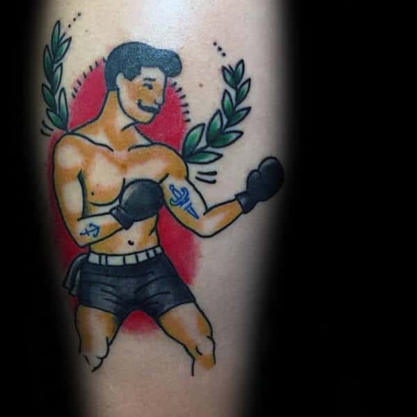 Manly Boxer Traditional Guys Leg Tattoo Design Ideas
