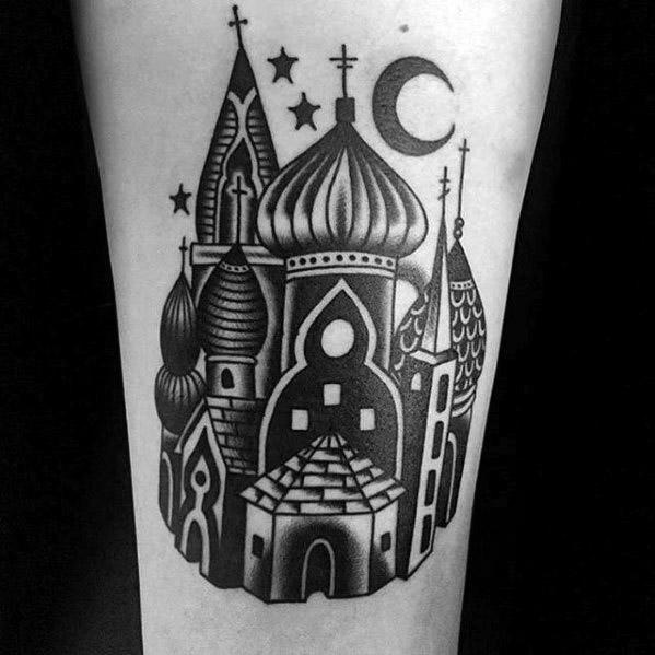 Bold blackwork tattoo of Russian-style domed cathedrals with stars and a crescent moon, using smooth gradients and geometric shapes.