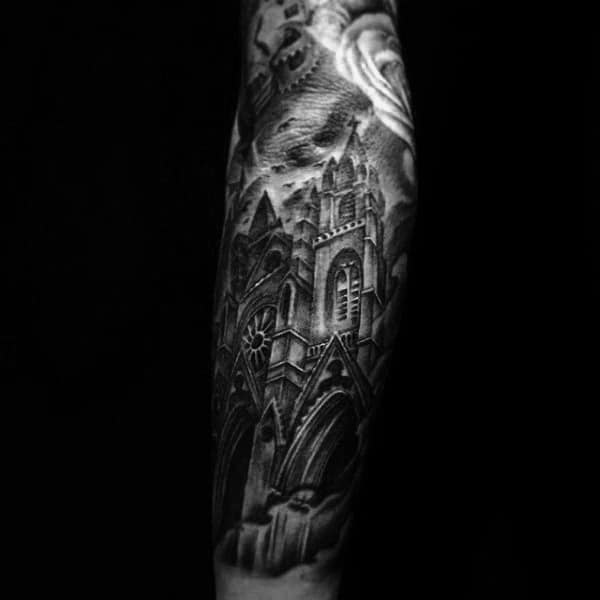 Manly Church Building Tattoo On Man