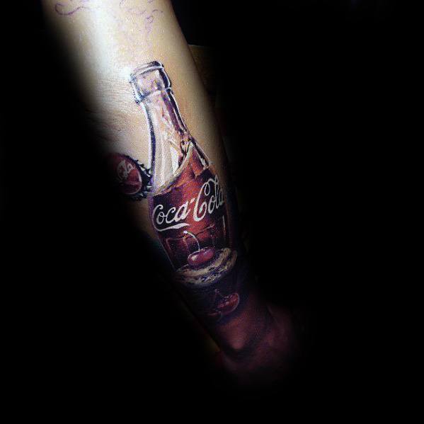 Hyper-realistic Coca-Cola bottle tattoo with an open cap, rich shading, and a 3D effect, creating a vintage and lifelike design on the arm.