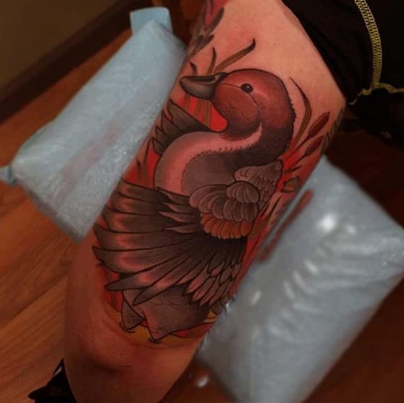 Manly Color Tattoo Of Duck On Pond For Guys