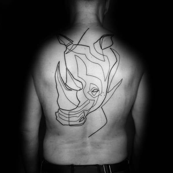 Geometric continuous line tattoo of a rhinoceros on the back, featuring bold black ink with abstract and angular strokes for a striking design.