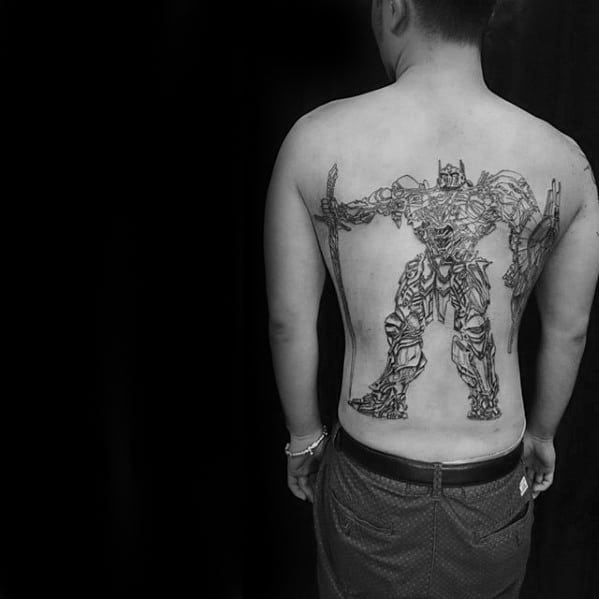 Manly Cool Transformers Black Ink Outline Guys Back Tattoo Design Ideas