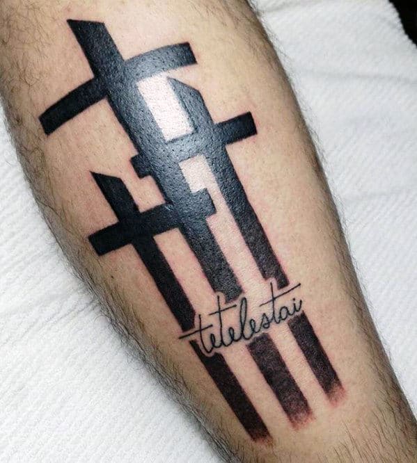 Manly Cross With Tetelestai Guys Leg Tattoo Designs