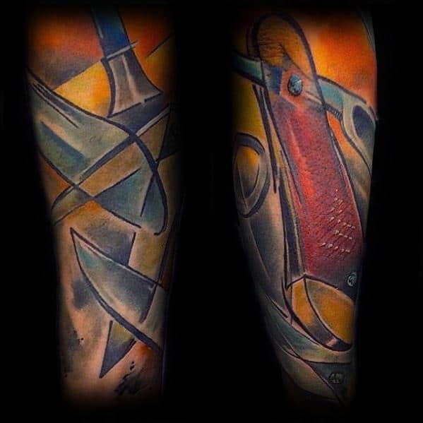 Cubist tattoo sleeve featuring abstract knives and a red Swiss Army-style pocket knife, with dynamic lines and muted watercolor tones.