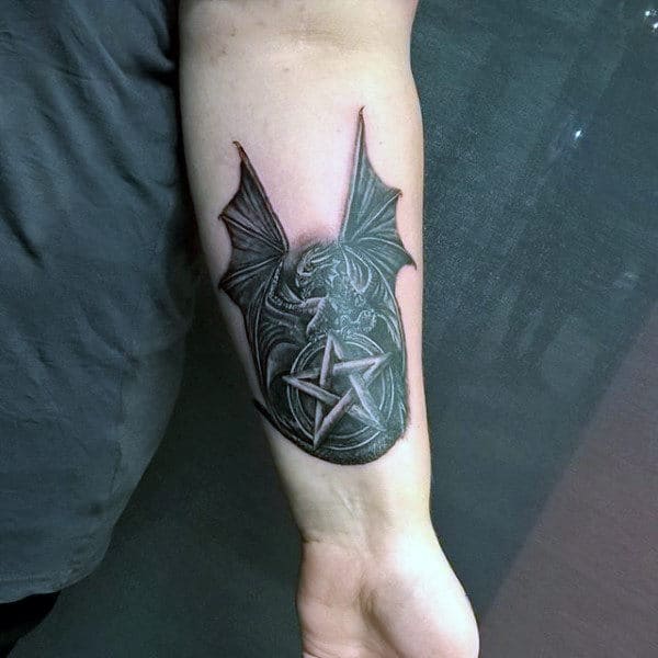 Manly Dark Black Bat And Pentagram Tattoo Guys Forearms