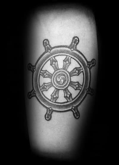 Manly Dharma Wheel Dotwork Guys Inner Arm Tattoo Inspiration