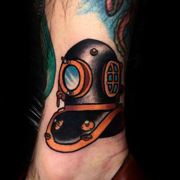 Manly Diving Helmet Traditional Old School Tattoo Design Ideas For Men Lower Leg