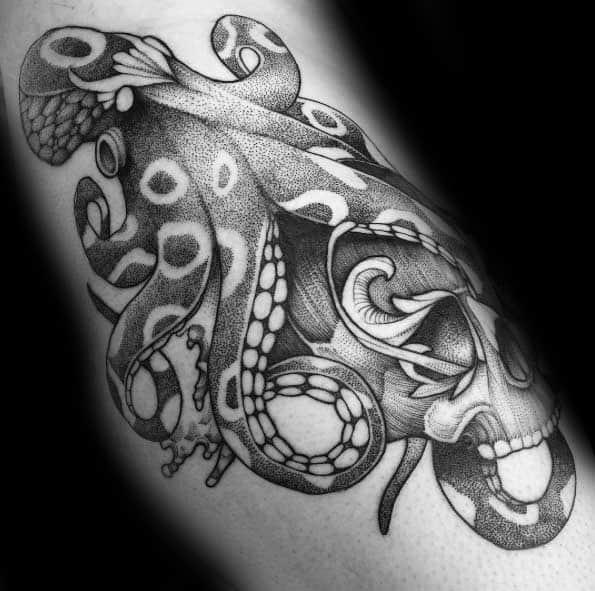 Octopus entwined around a skull with intricate dotwork shading, creating a dark and detailed design with a bold and dynamic effect.