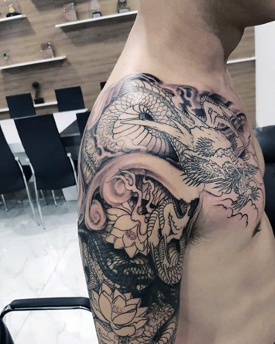 Manly Dragon Guys Shoulder And Arm Tattoo