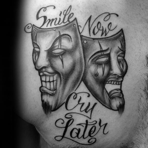 Manly Drama Mask Tattoo Design Ideas For Men Smilie Now Cry Later Upper Chest