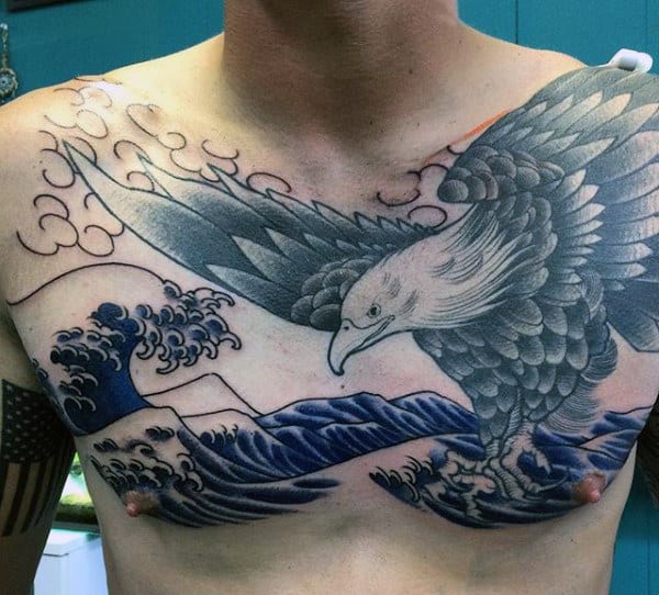 Manly Eagles Tattoos For Men With Ocean Waves
