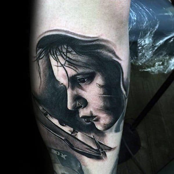 Manly Edward Scissorhands Tattoo Design Ideas For Men On Leg Calf