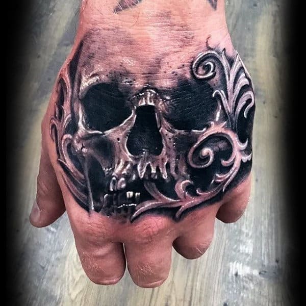 Manly Filigree Skull Mens Hand Tattoos