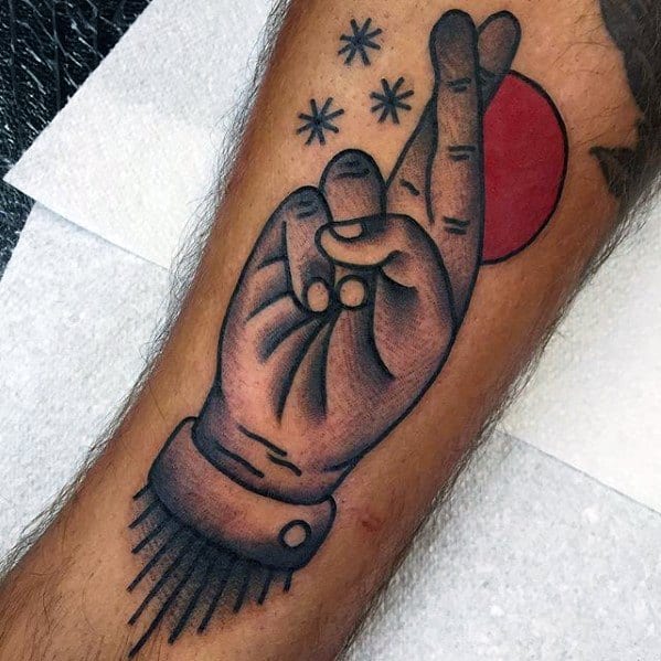 Manly Fingers Crossed With Red Sun Tattoo Design Ideas For Men On Leg