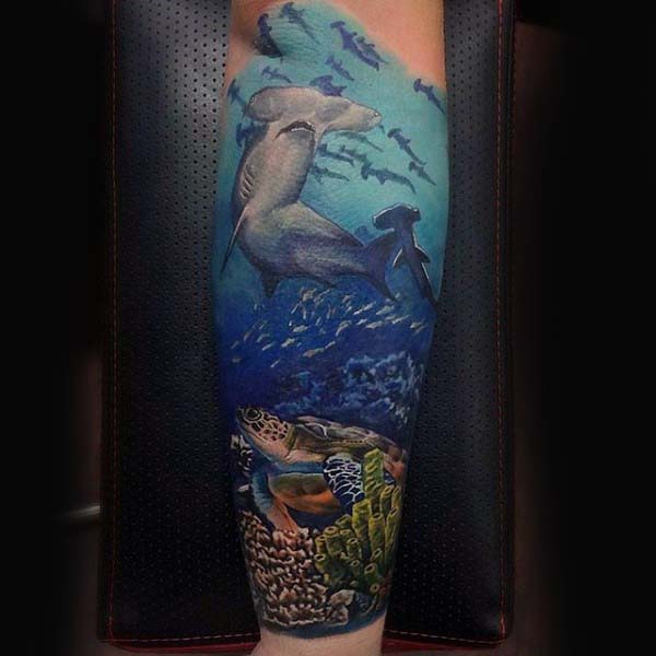 Manly Forearm Sleeve Turtle And Hammerhead Shark Tattoos For Men