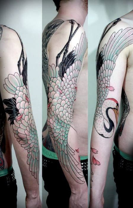 Manly Full Arm Crane Bird Mens Tattoos