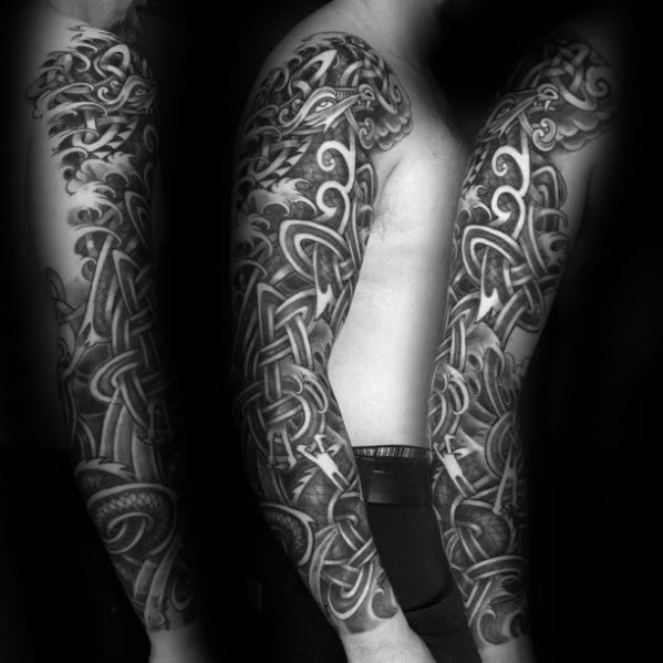 Manly Full Sleeve Guys Knots Celtic Dragon Tattoo Design Ideas