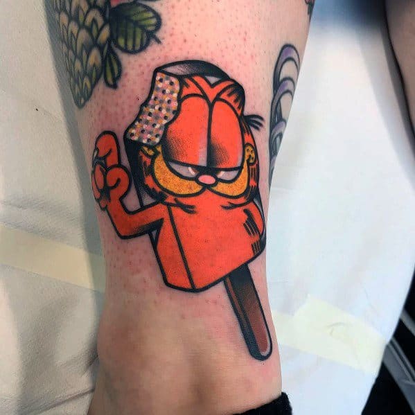 Creative Garfield tattoo as a melting ice cream bar with a smug expression—fun and unique design blending humor and nostalgia.