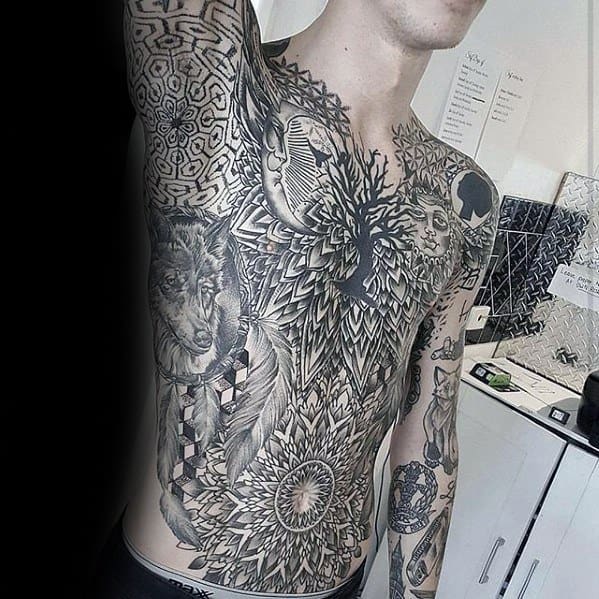 Manly Geometric Chest Tattoo Design Ideas For Men