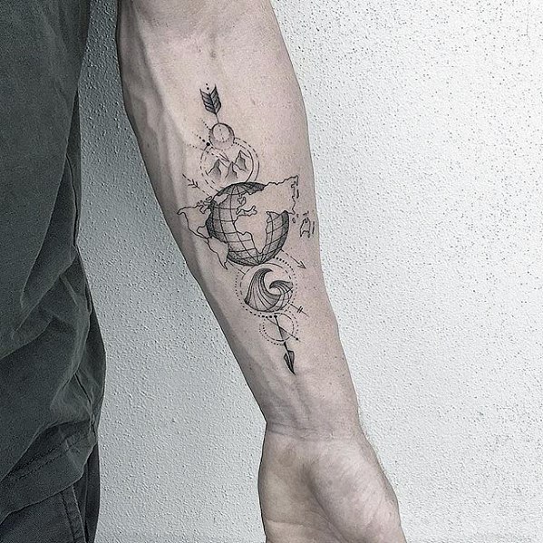 Manly Geometric Map With Globe And Arrow Forearm Tattoo Design Ideas For Men
