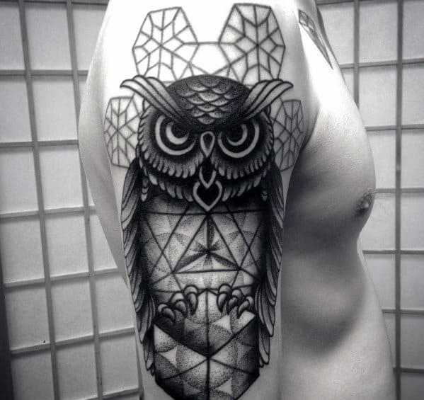 Manly Geometric Owl Arm Tattoo Designs For Men