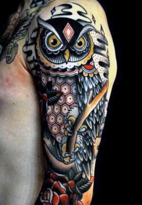 Manly Geometric Owl Arm Tattoo Ideas For Guys