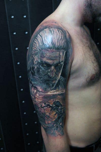 Geralt tattoo with piercing yellow eyes, silver hair, and a battle-worn face, featuring a dramatic battlefield scene below in rich detail.
