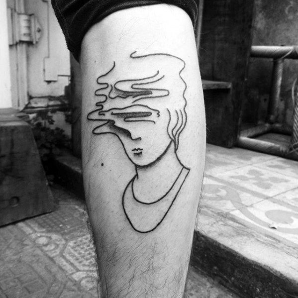 Minimalist glitch tattoo of a classical bust with wavy line distortions across the face, creating a surreal and dreamy appearance