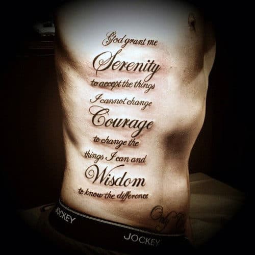 Manly Guys Black Ink Words Serenity Prayer Rib Cage Side Tattoo Ideas