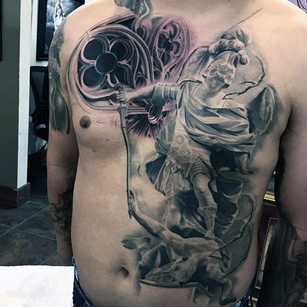 Manly Guys Cool Angel With Church Window Shaded Chest Tattoo