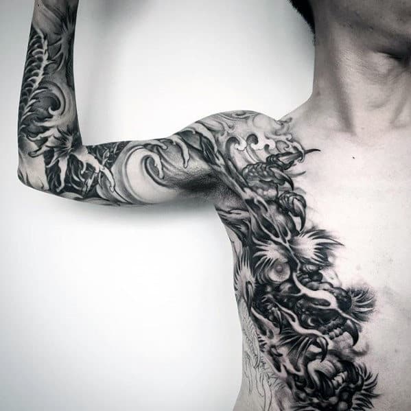 Manly Guys Dragon Arm And Chest Black And Grey Tattoo Ideas