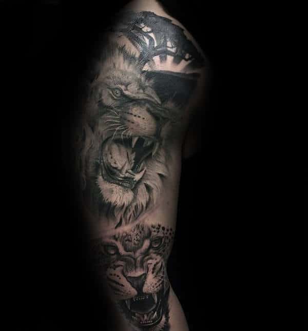 Manly Guys Full Leg And Thigh Leopard Lion Tattoo Design