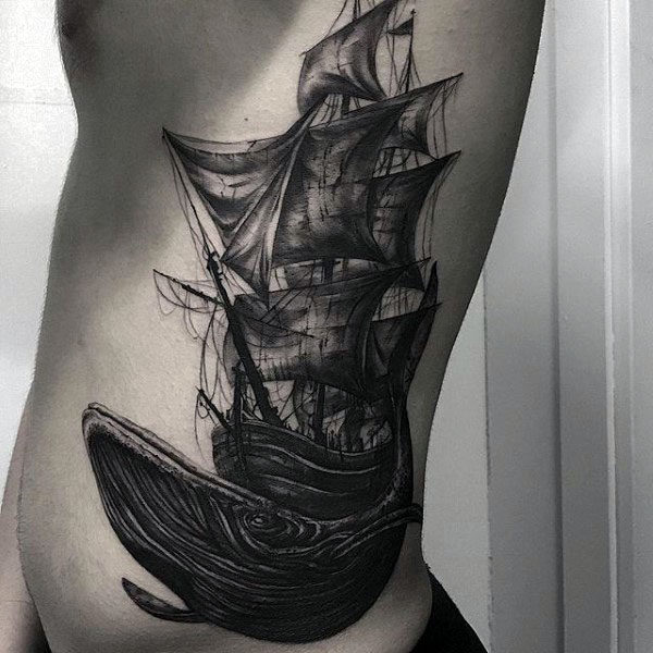 Manly Guys Full Ribs Whale Sailing Ship Black And Grey Shaded Tattoos