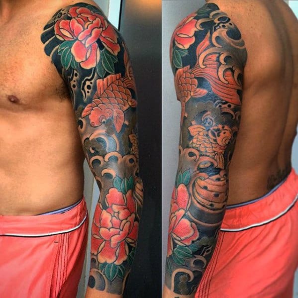 Manly Guys Full Sleeve Japanese Flower And Koi Fish Tattoos