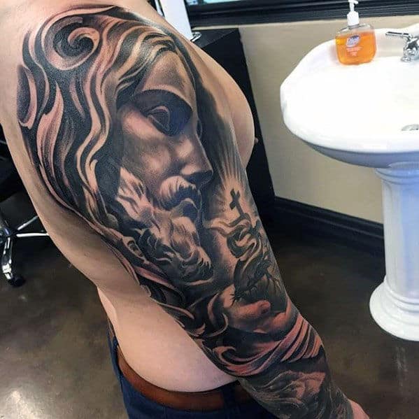 Manly Guys Full Sleeve Jesus Sacred Heart Tattoos
