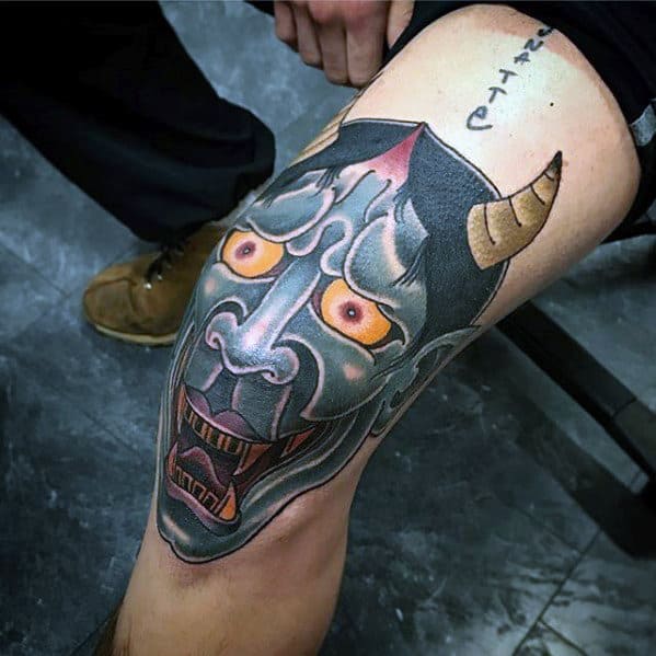 Manly Guys Japanese Demon Hannya Mask Knee Cap Tattoos