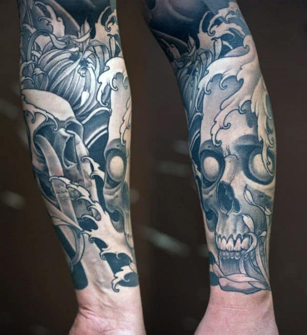 Manly Guys Japanese Forearm Skull Tattoo Sleeeves
