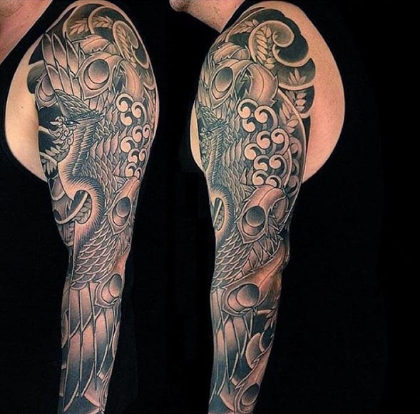 Manly Guys Japanese Phoenix Sleeve Tattoo