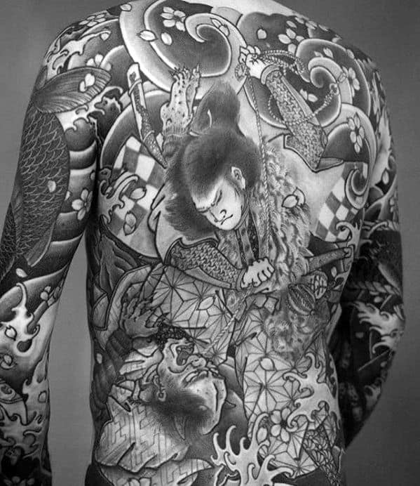 Manly Guys Japanese Shaded Black And Grey Ink Full Back Tattoos