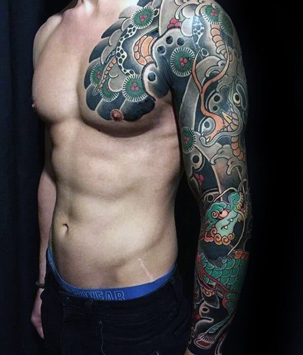 Manly Guys Japanese Upper Chest And Sleeve Tattoos