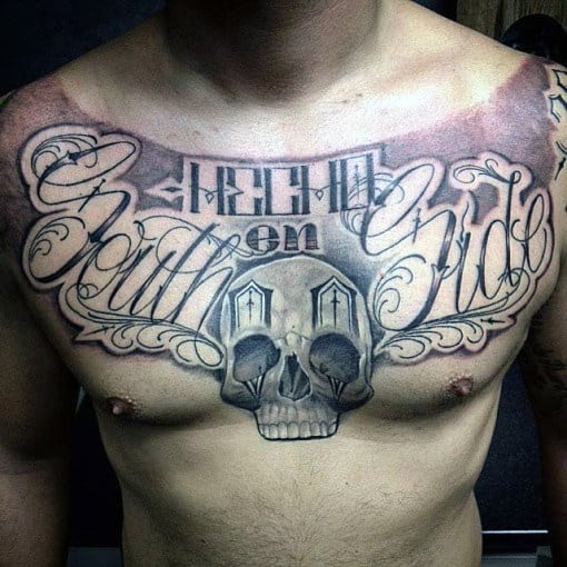 Manly Guys Lettering Skull Chest Tattoos