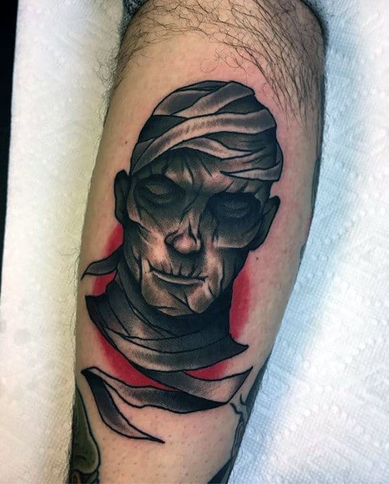 Manly Guys Mummy Portrait Leg Tattoo Designs