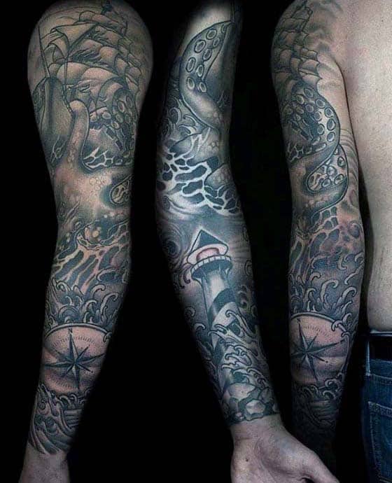 Manly Guys Nautical Full Arm Sleeve Shaded Tattoos