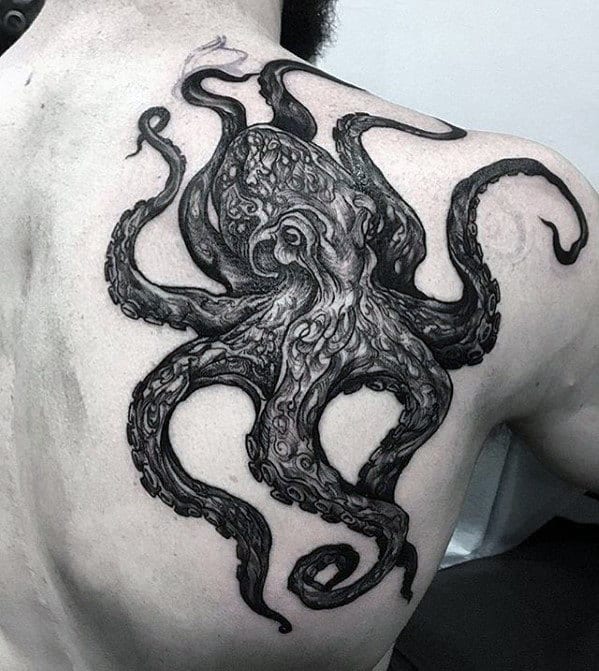 Manly Guys Octopus Shaded Upper Back And Shoulder Tattoo