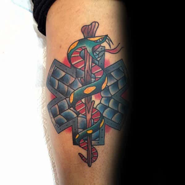 Manly Guys Old School Star Of Life Traditional Spider Web Leg Tattoo