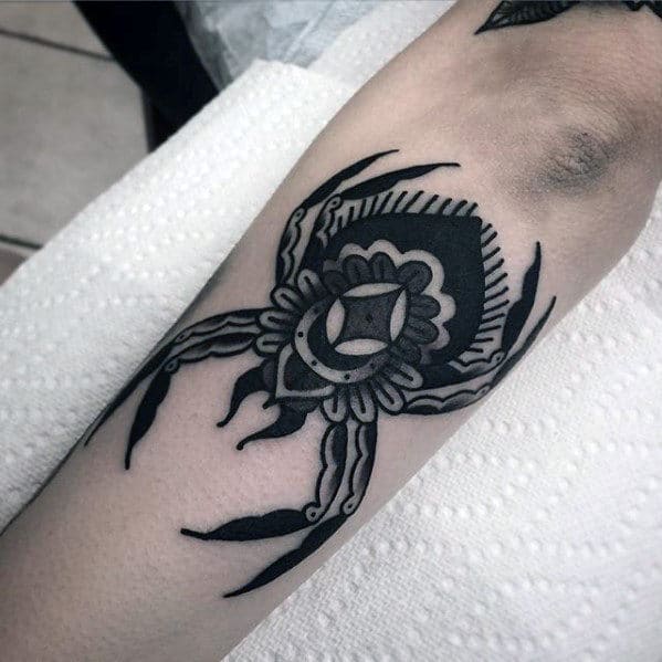 Manly Guys Outer Forearm Black And Grey Traditional Spider Tattoo Inspiration